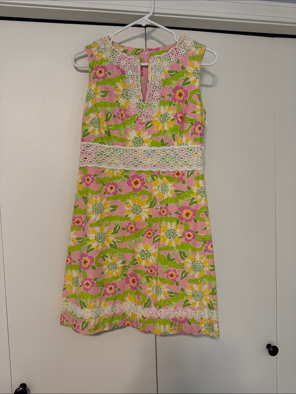 Lilly Pulitzer Pink Green Yellow Floral and Crocodile Lace-Trim Shift Dress